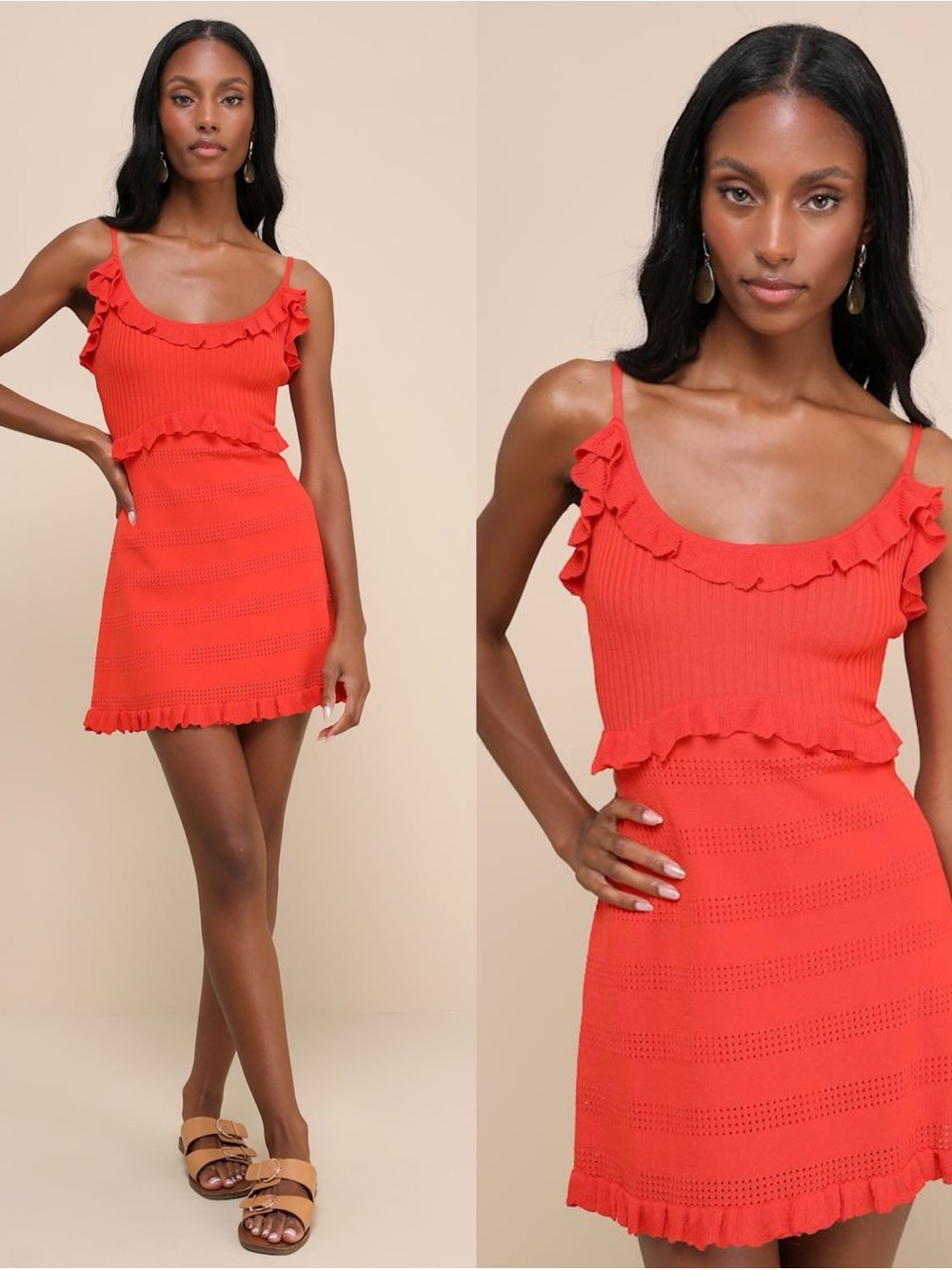 LULU'S Enviable Pick Red Orange Pointelle Knit Ruffled Mini Dress